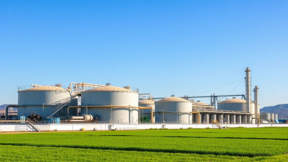 Imatge d'una planta industrial amb grans tancs i canonades, en un paisatge mediterrani sota un cel blau.