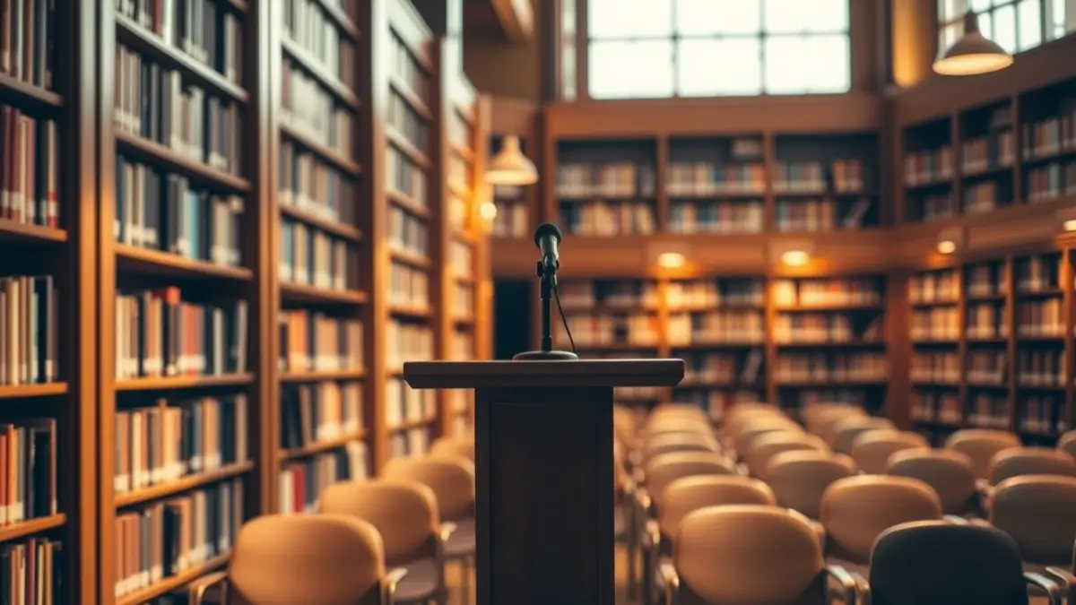Imatge genèrica d'un interior de biblioteca amb prestatgeries de fusta i un micròfon en un podi.