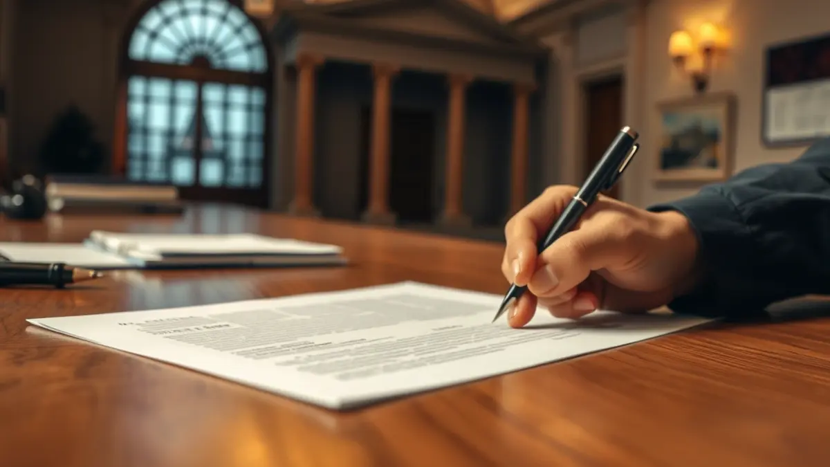 Image of a hand signing a document, with a city hall in the background, symbolizing public management.