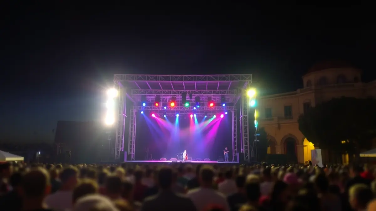 Imatge genèrica d'un escenari de concert a l'aire lliure de nit, amb llums de colors i una multitud difuminada.