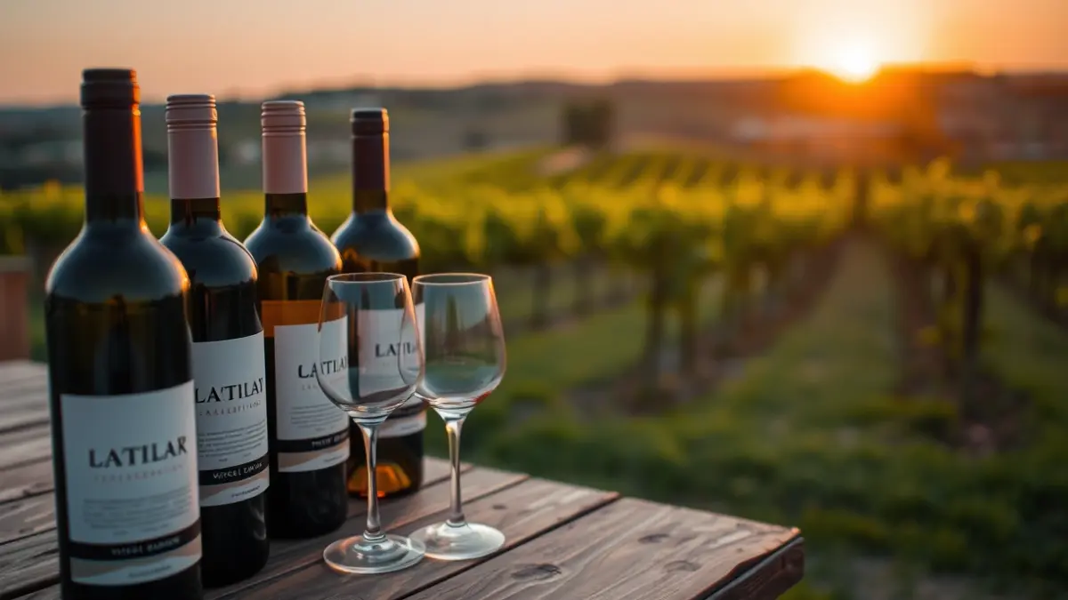 Generic image of wine bottles and glasses on a wooden table, with a vineyard in the background.