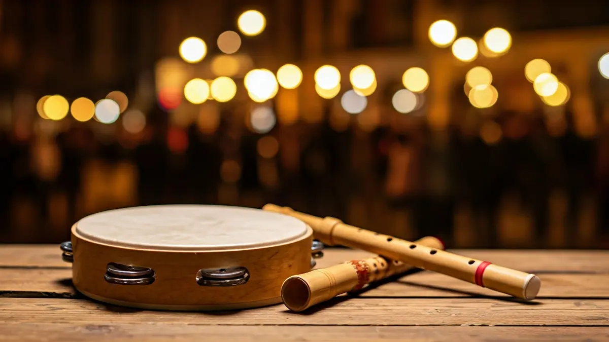 Imatge d'un tamboril i una flauta rociera, instruments musicals tradicionals.