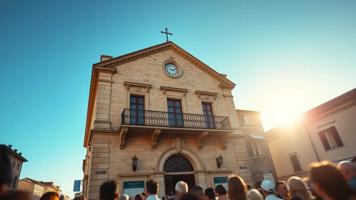 Imagen de la fachada de un ayuntamiento mediterráneo con un balcón ornamentado.