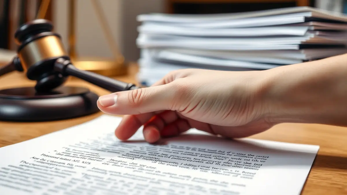 Generic image of a legal document with a hand pointing to a paragraph, with a judge's gavel and blurred files in the background.