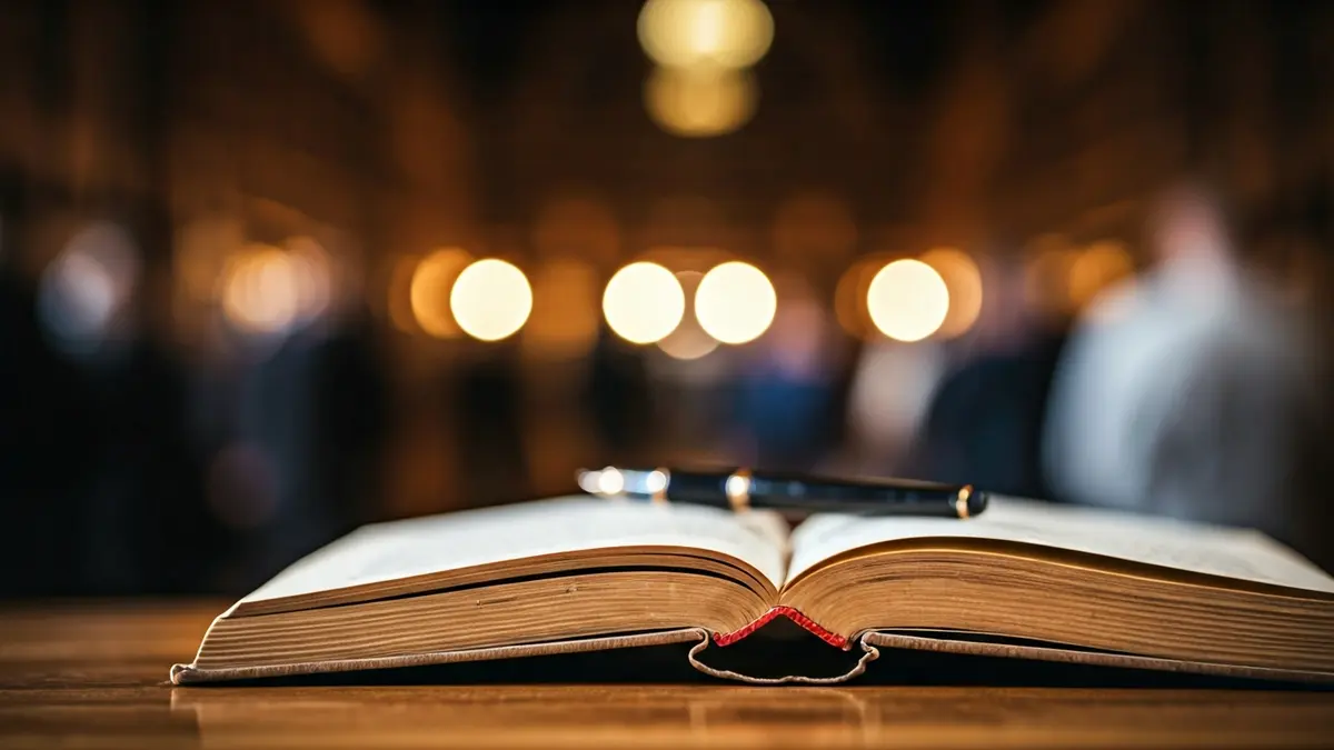 Generic image of an open book with an old quill pen, symbolizing history and debate.