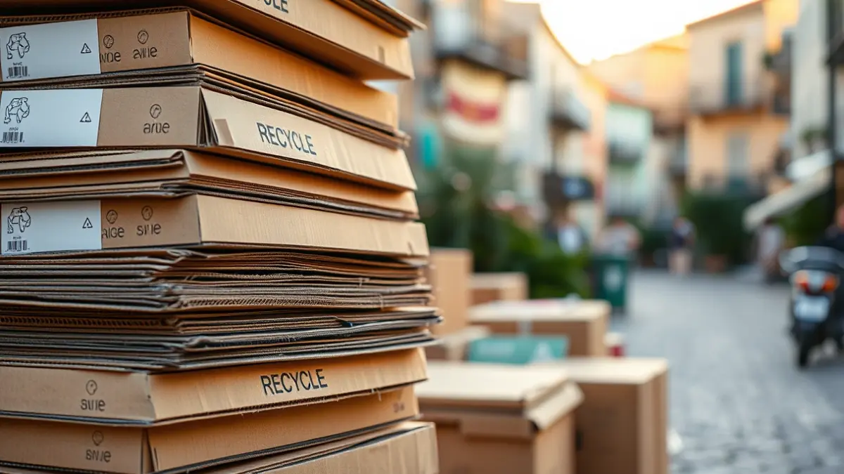 Imatge genèrica de caixes de cartó apilades per a reciclar en un carrer d'un poble mediterrani.