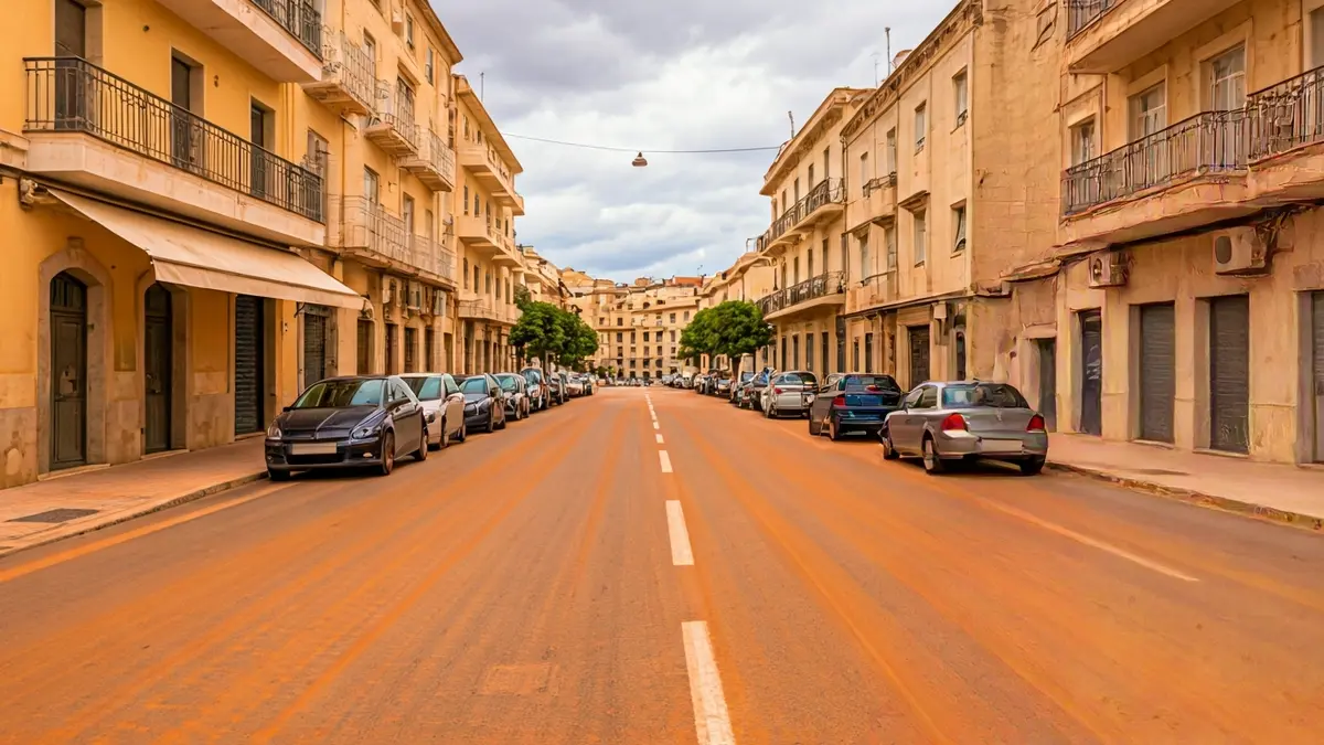 Image of a street with vehicles and sidewalks covered in suspended dust in La Marina Alta.