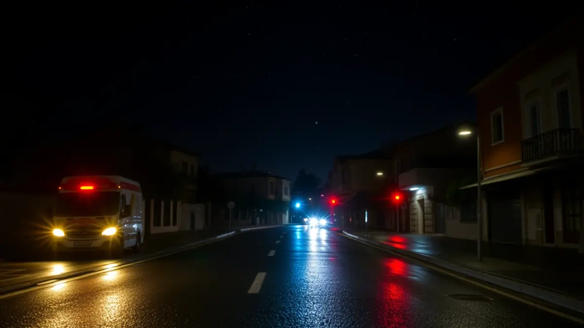 Image of a dark Mediterranean city street at night, with blurred emergency lights and a star-filled sky, after a major blackout.