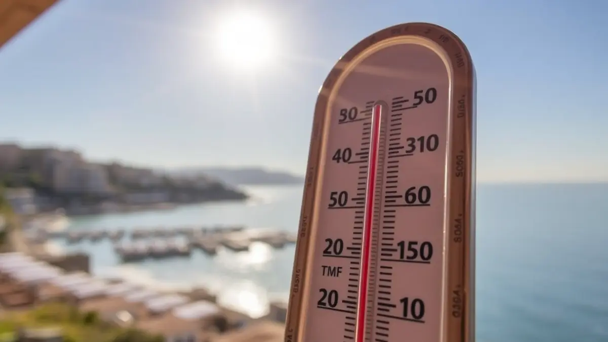 Generic image of a thermometer showing high temperatures with a blurred Mediterranean coastal landscape in the background, representing the heatwave in La Marina Alta.