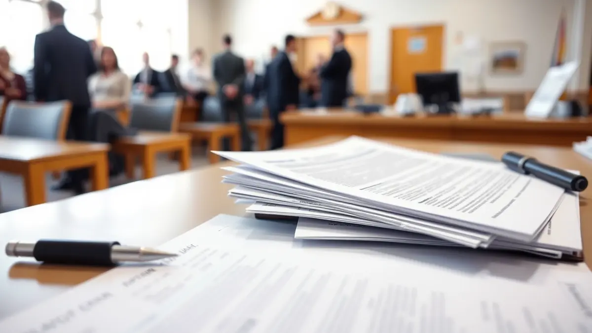 Imatge genèrica de documents oficials i formularis en un escritori, amb persones esperant en una oficina governamental.