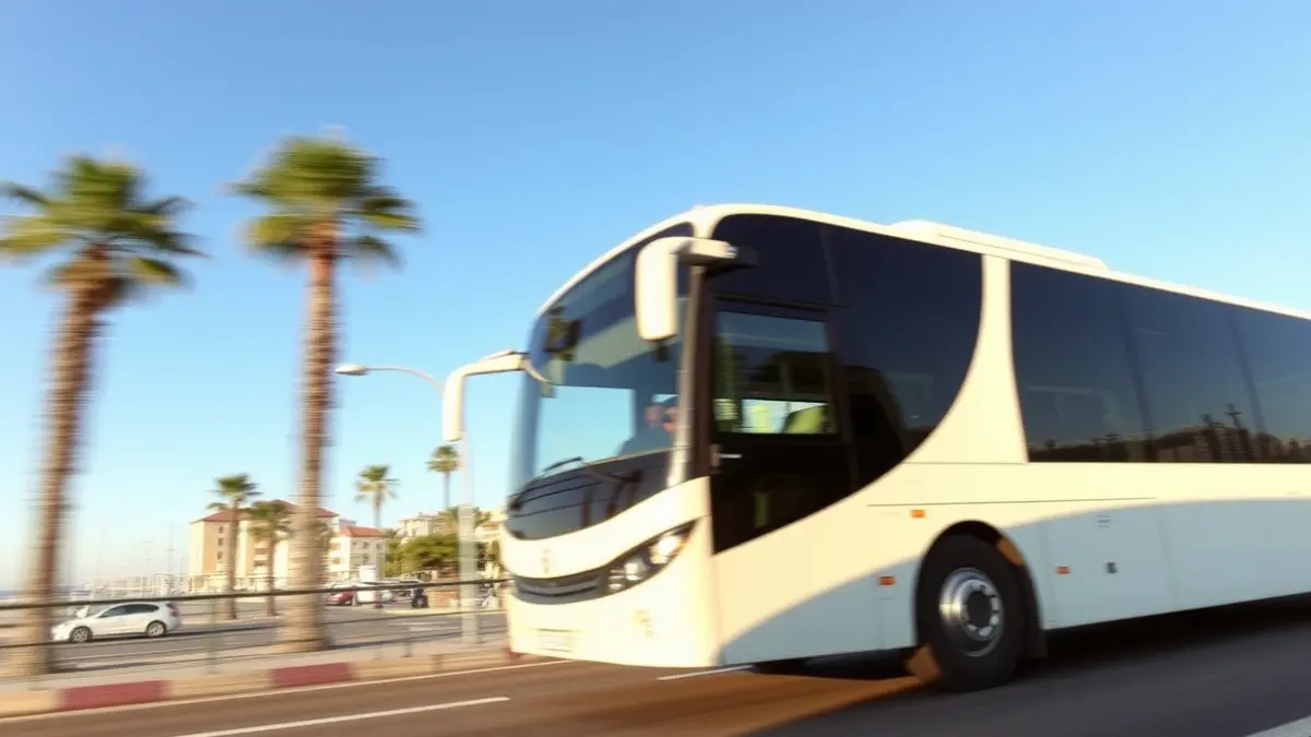 Imatge genèrica d'un autobús modern circulant per una carretera en una ciutat costanera mediterrània.