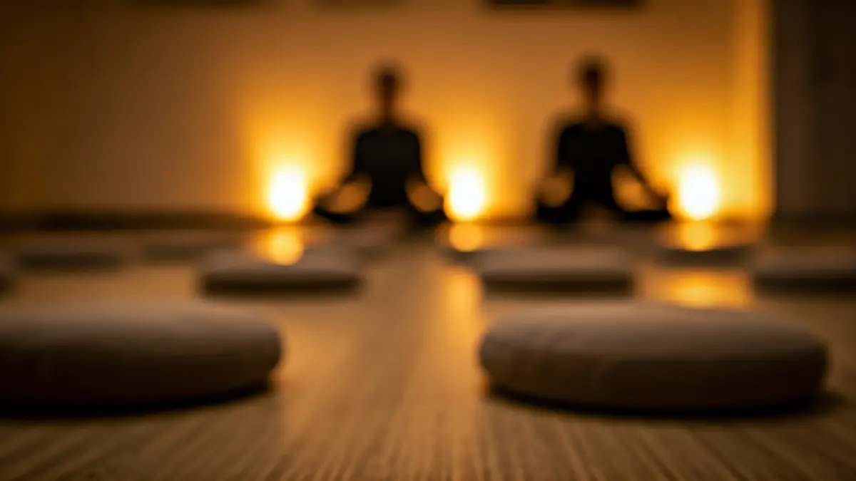 Imagen genérica de una sala de meditación con cojines y luz suave.