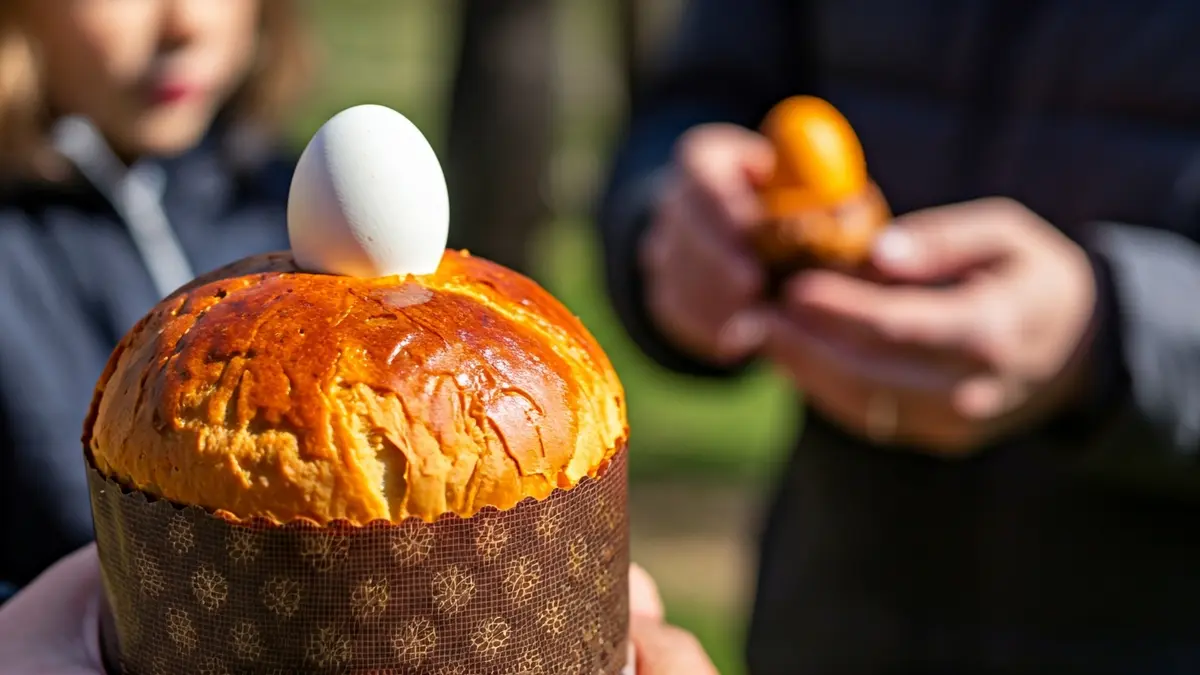 Image of a traditional Easter cake ('mona de Pascua') with a hard-boiled egg, shared by a family outdoors.