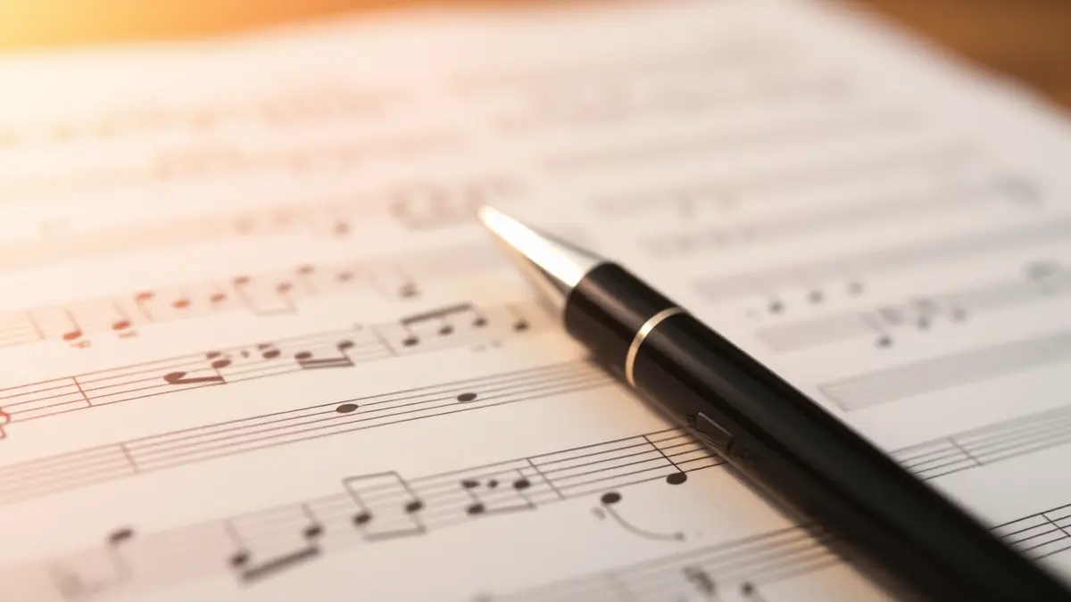 Generic image of a music sheet with a pen, illuminated with a warm light.