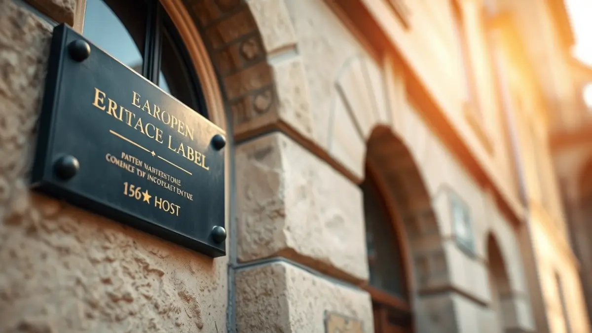 Image of a European Heritage Label on a historic building facade.