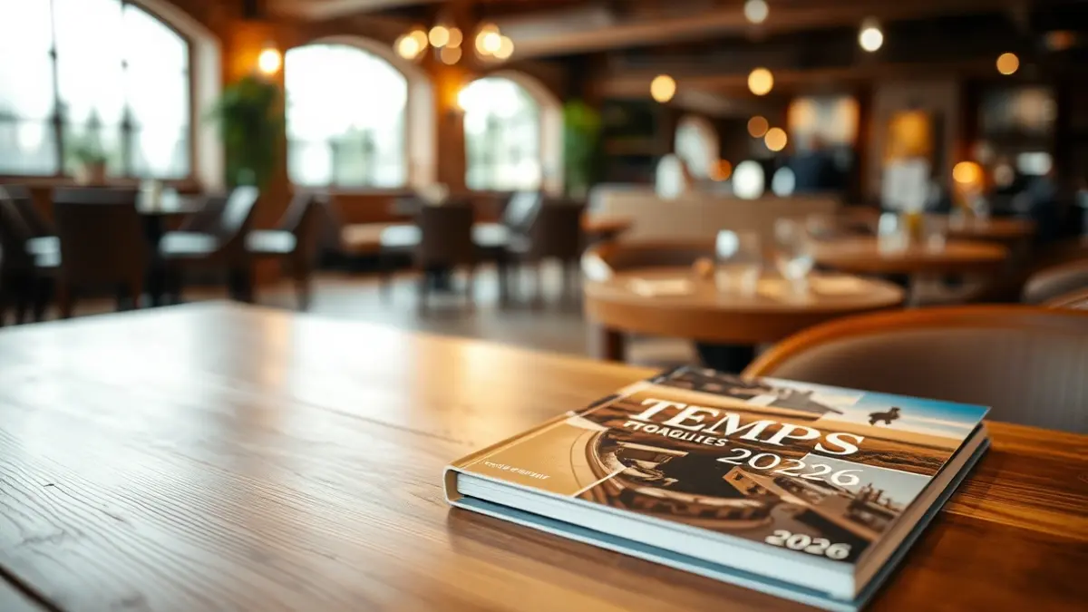 Image of the Temps 2026 Guide on a wooden table, with a blurred background of a rustic interior.