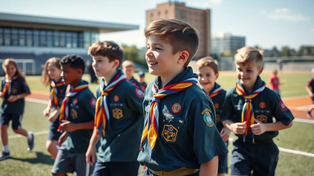 Image of a group of young scouts participating in sports activities in a modern complex.
