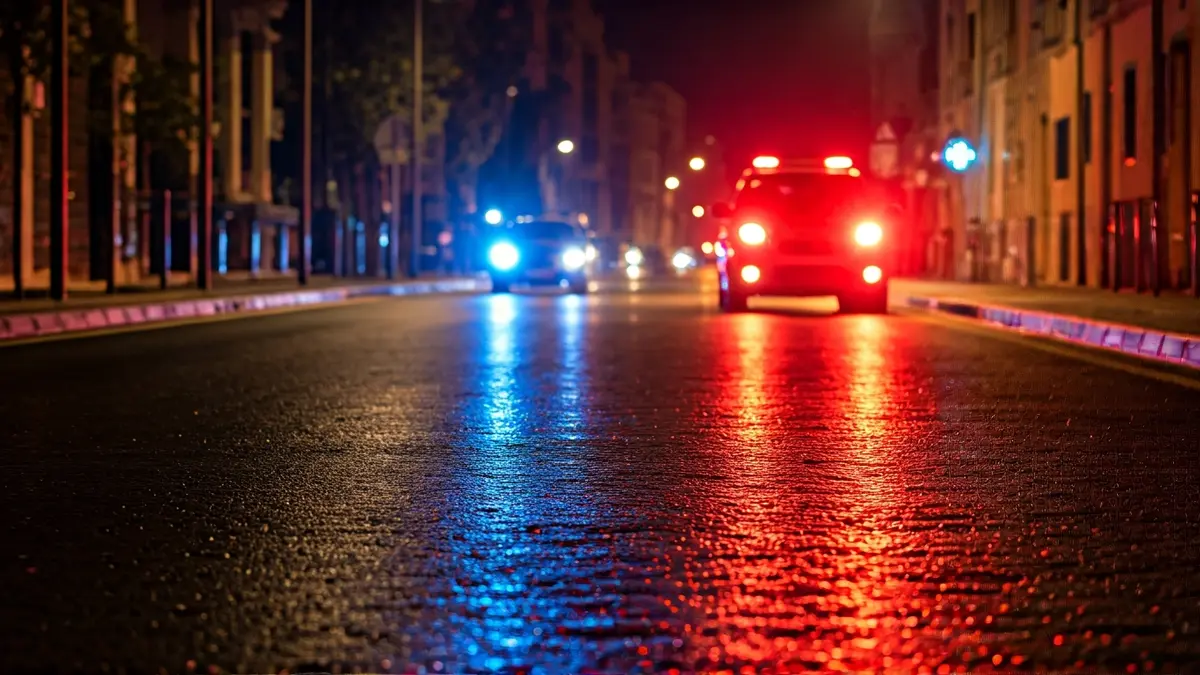 Generic image of emergency lights reflecting on wet asphalt.