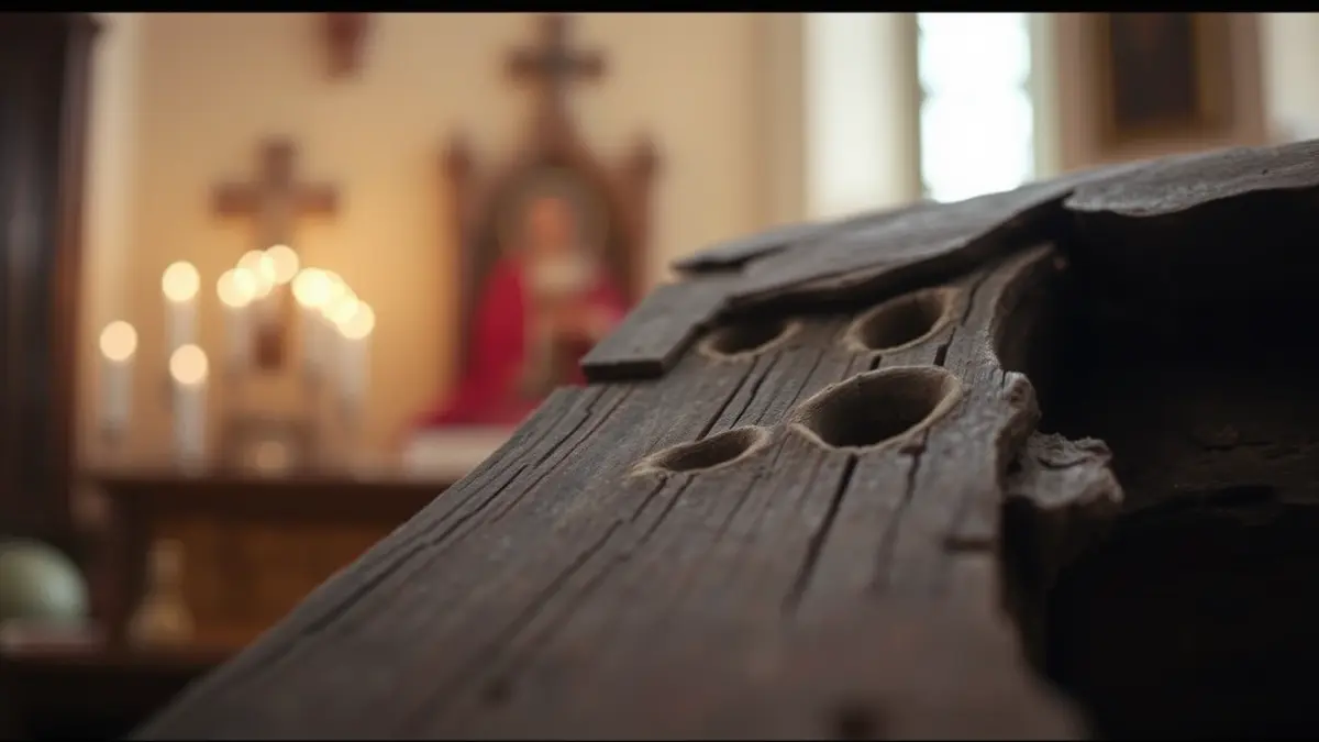 Generic image of wood damaged by woodworm, showing visible holes and tunnels.