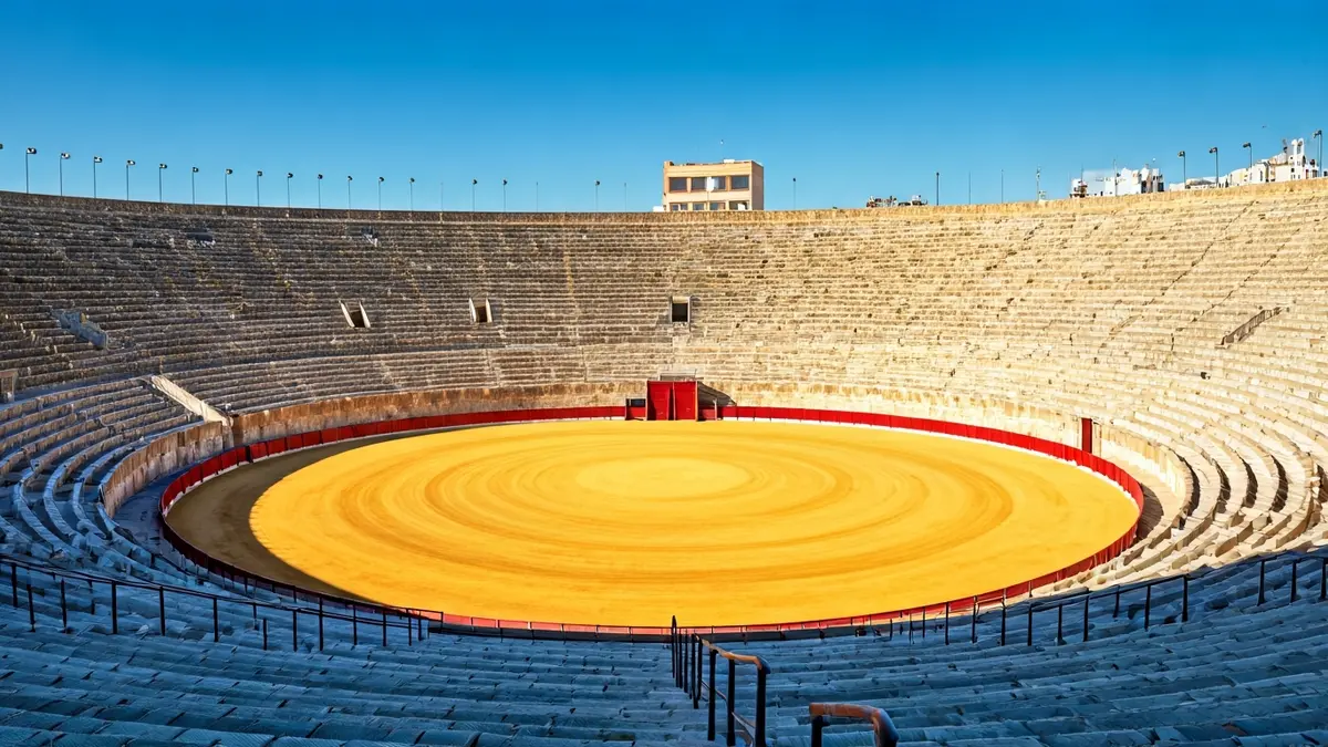 Image of Alicante Bullring, with empty stands and arena under the sun.