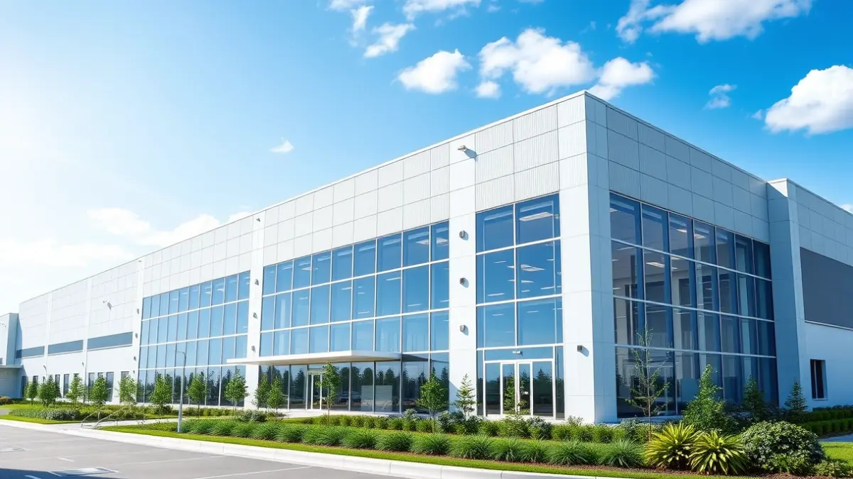 Imatge d'una moderna planta industrial amb tecnologia avançada en un entorn verd.