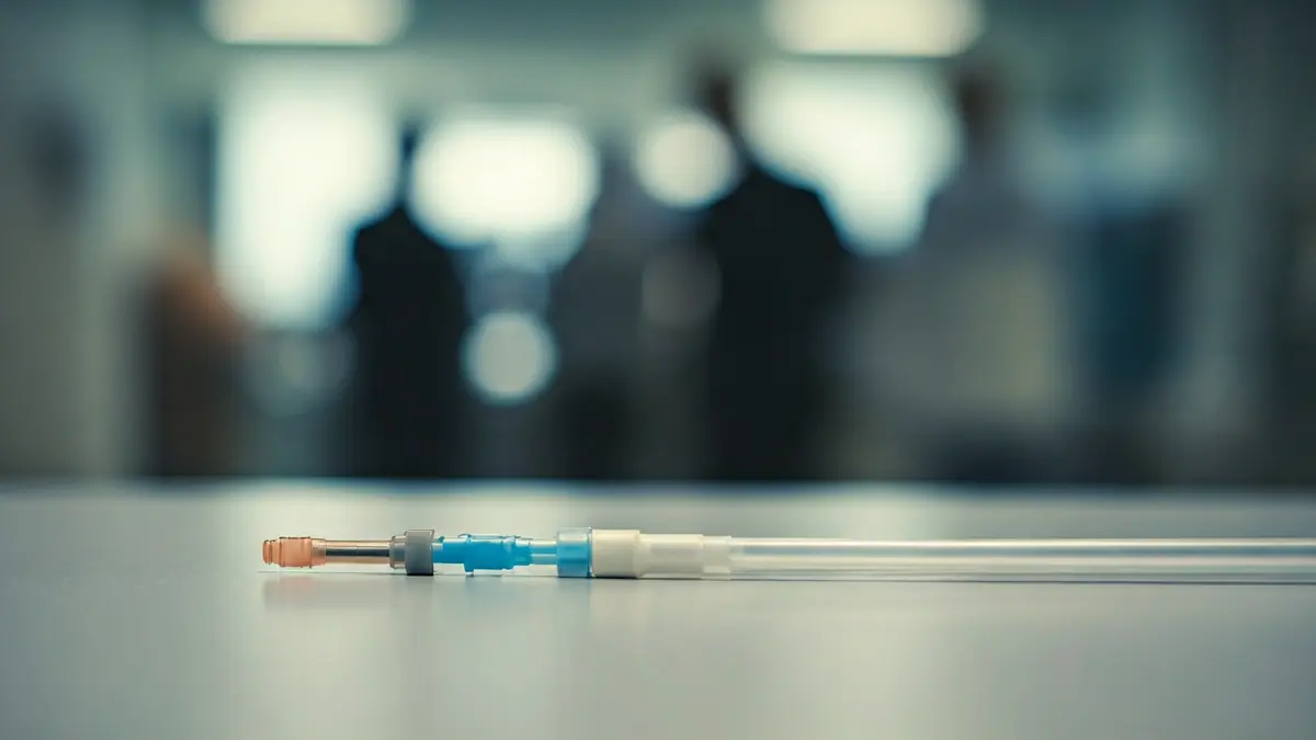 Generic image of a medical catheter, sterile and unused, on a light surface in a medical setting.