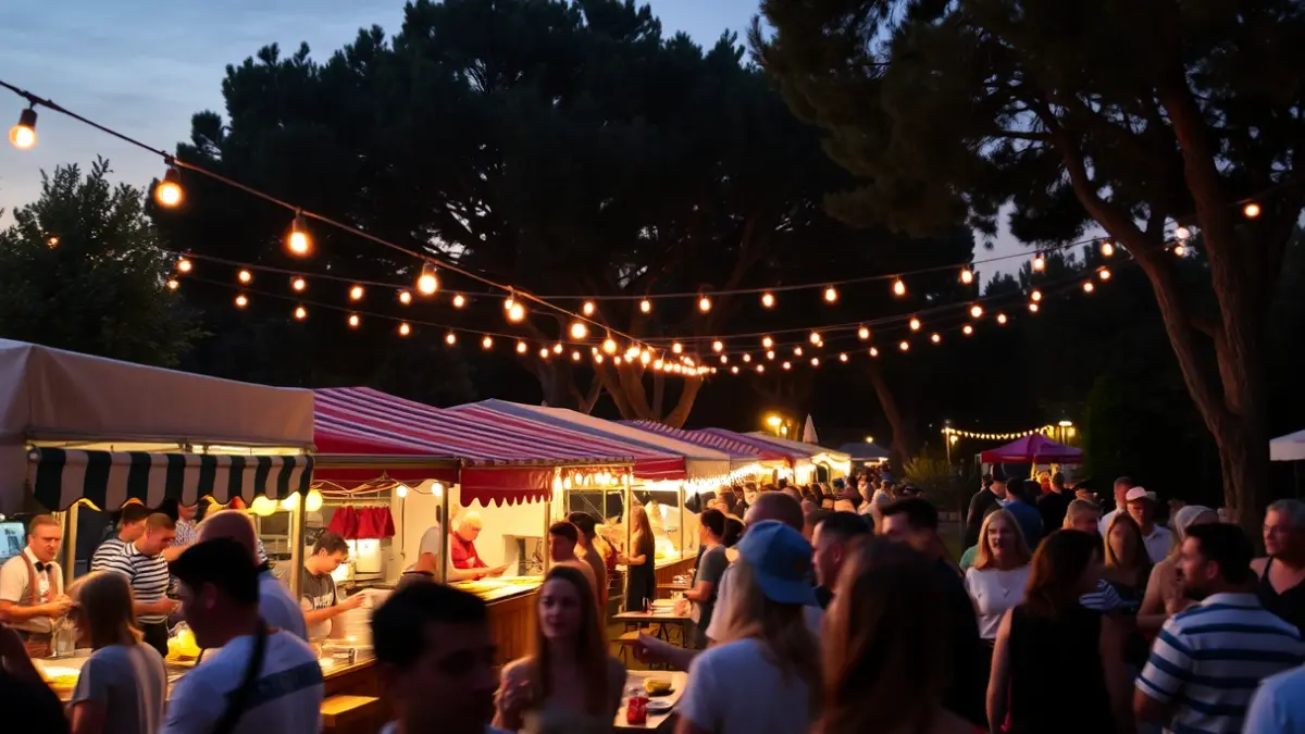 Imatge d'un festival gastronòmic a l'aire lliure amb parades de menjar il·luminades i gent gaudint de l'ambient festiu.