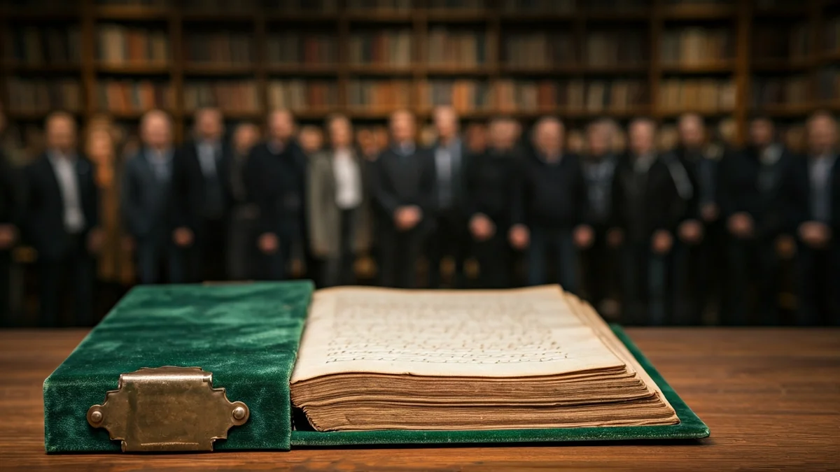 Imagen de un manuscrito antiguo con encuadernación de terciopelo verde y cierres de bronce.