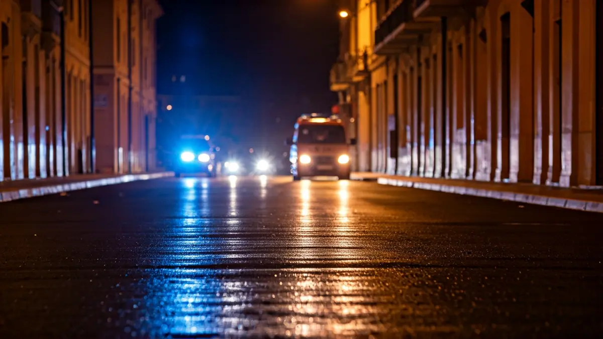 Imagen genérica de luces de emergencia reflejándose sobre el asfalto mojado.
