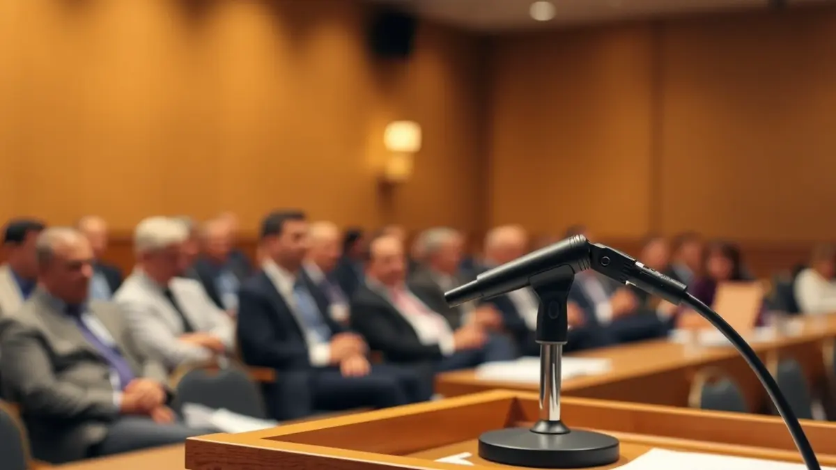 Imagen genérica de un micrófono en un podio en una sala de conferencias, con figuras borrosas al fondo.