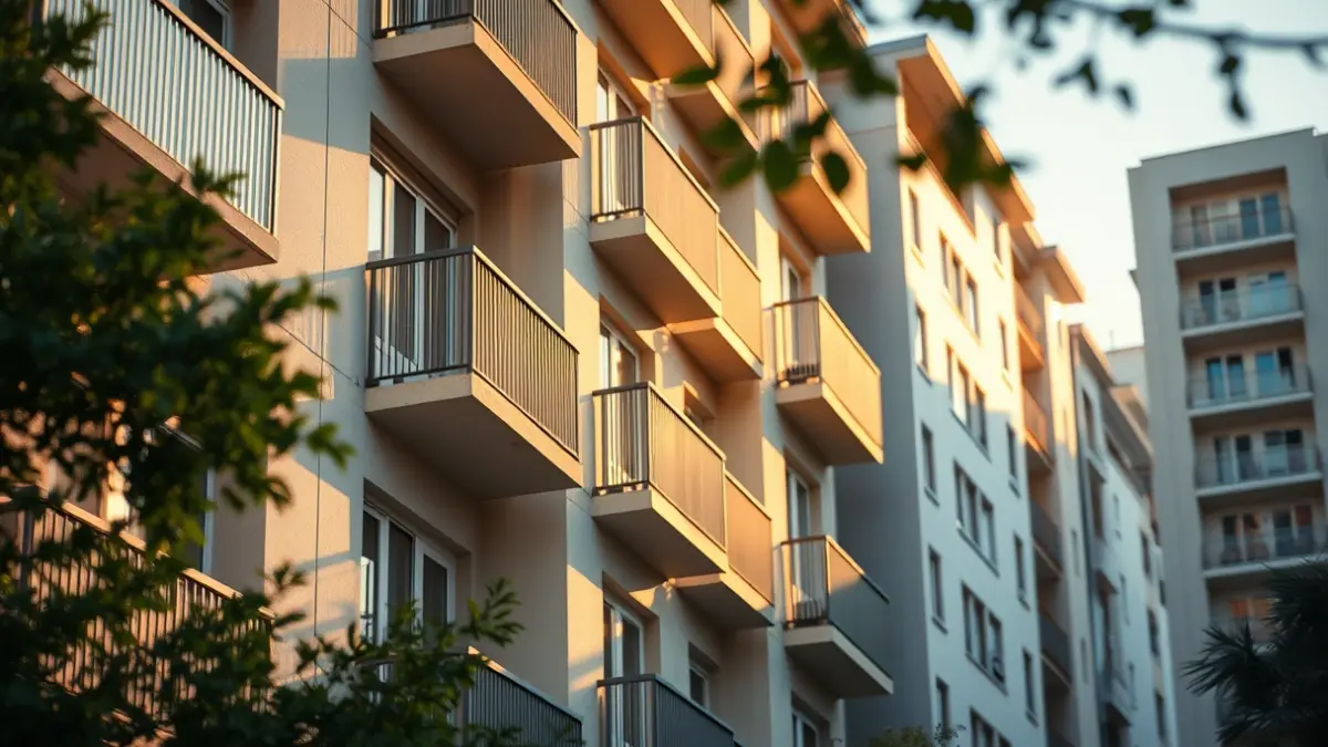Generic image of a modern residential building in a Mediterranean city, with balconies and warm sunlight.