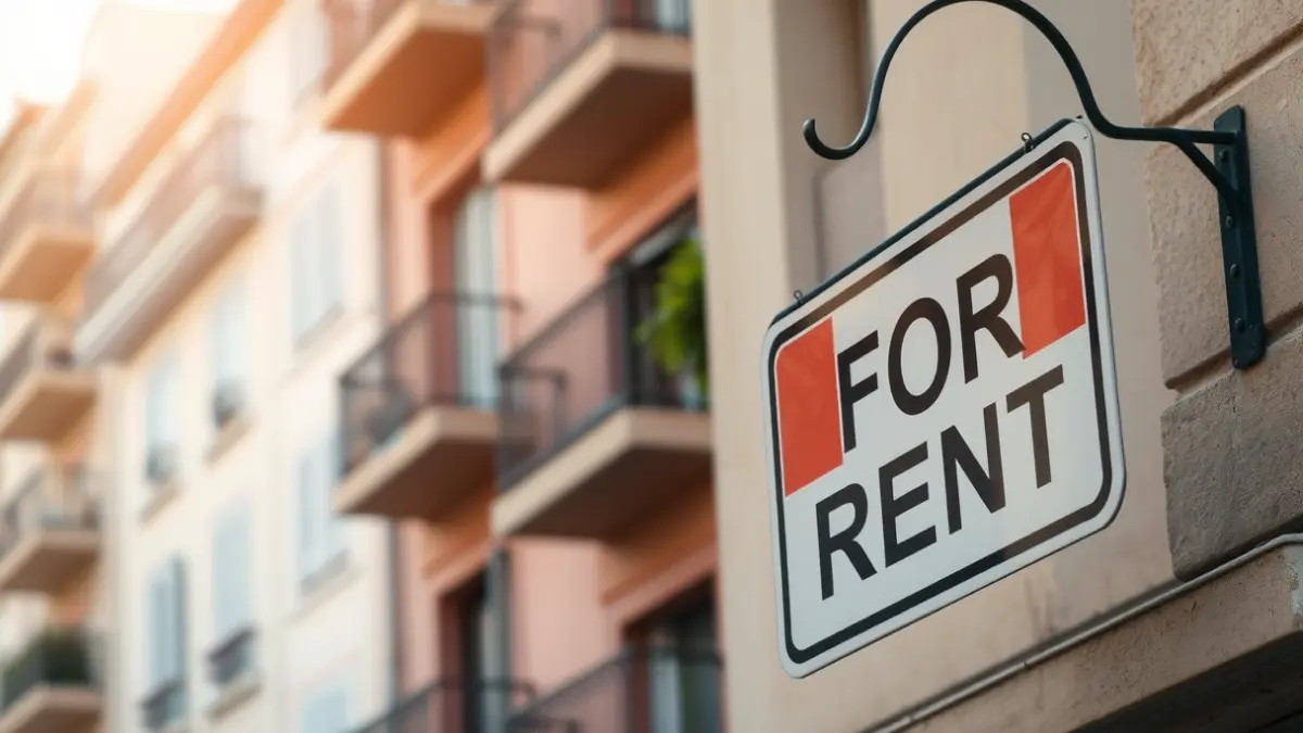 Imatge genèrica d'un cartell de 'Es lloga' en un edifici, amb finestres d'apartaments desenfocades al fons.