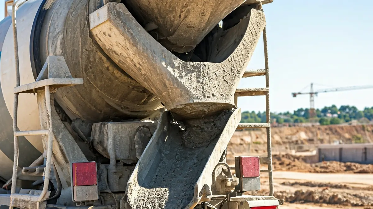Generic image of a concrete mixer truck on a construction site.