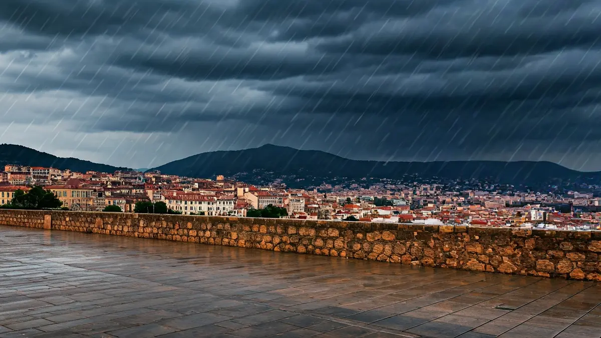 Generic image of a rainy day with an open umbrella.