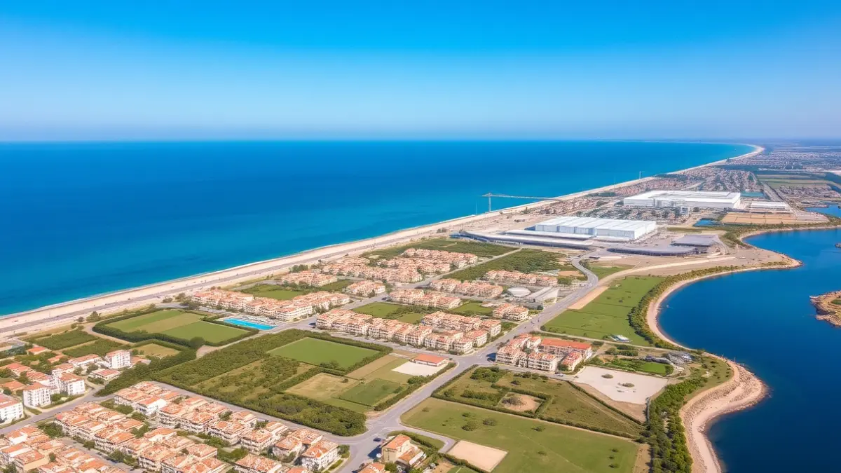Imatge aèria d'una zona costanera en la Comunitat Valenciana, amb una franja verda entre edificis residencials i una àrea industrial.