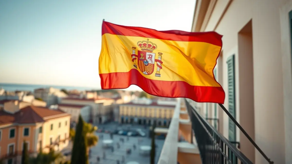 Imatge d'una bandera espanyola en un balcó d'un edifici municipal, amb una plaça de poble mediterrània al fons, simbolitzant tensió política.