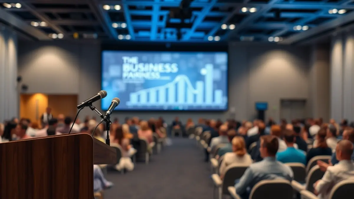 Generic image of a business forum with a podium and microphones.