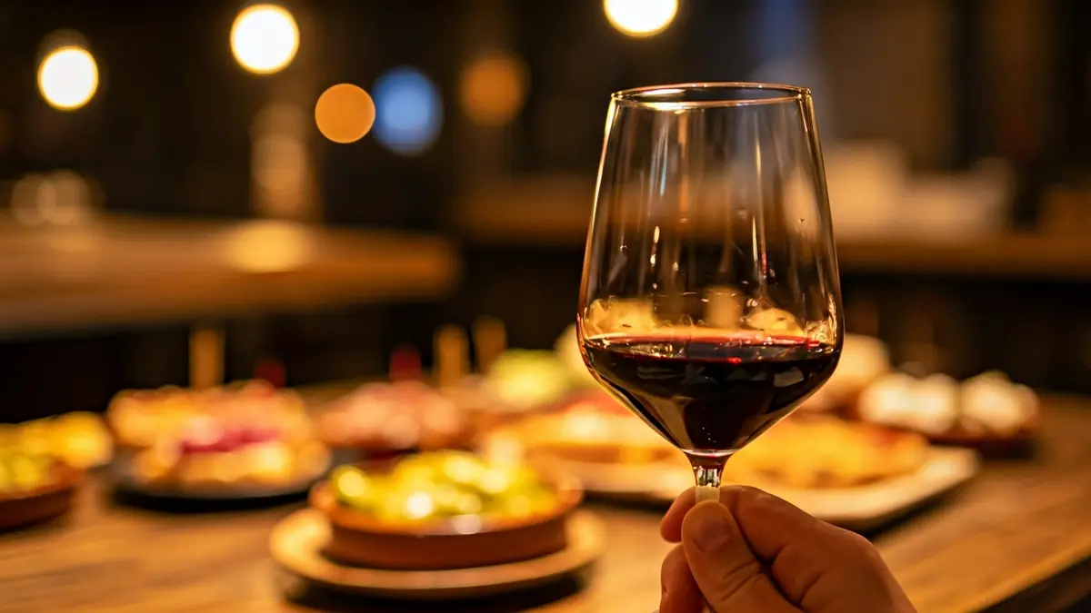 Generic image of a wine glass and tapas in a festive atmosphere.