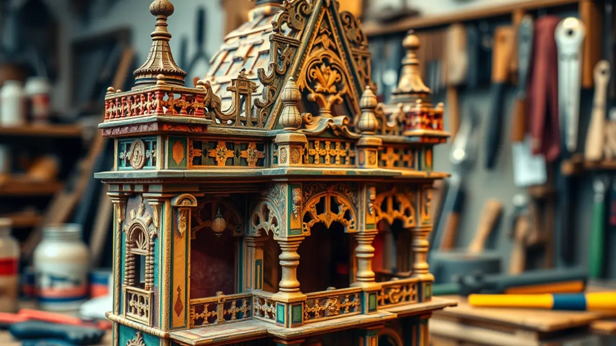 Image of a Fallas monument under construction, with wood and papier-mâché details, in a workshop.