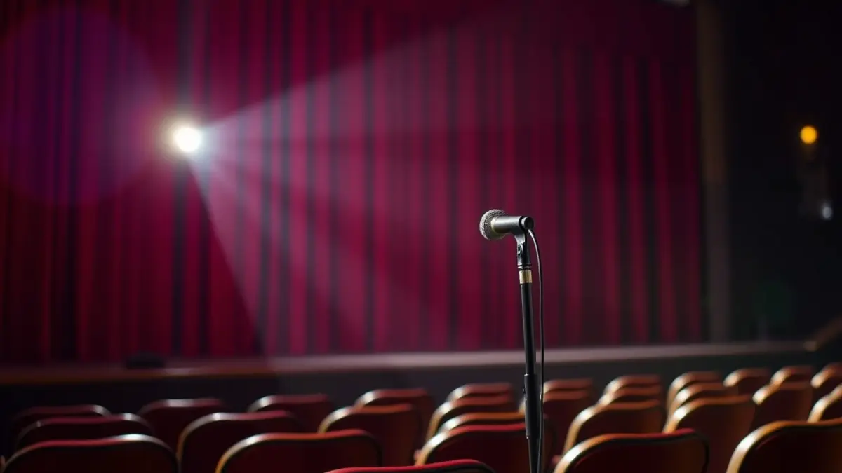 Imatge genèrica d'un escenari de teatre amb un micròfon i cortines roges, amb seients buits en primer pla.