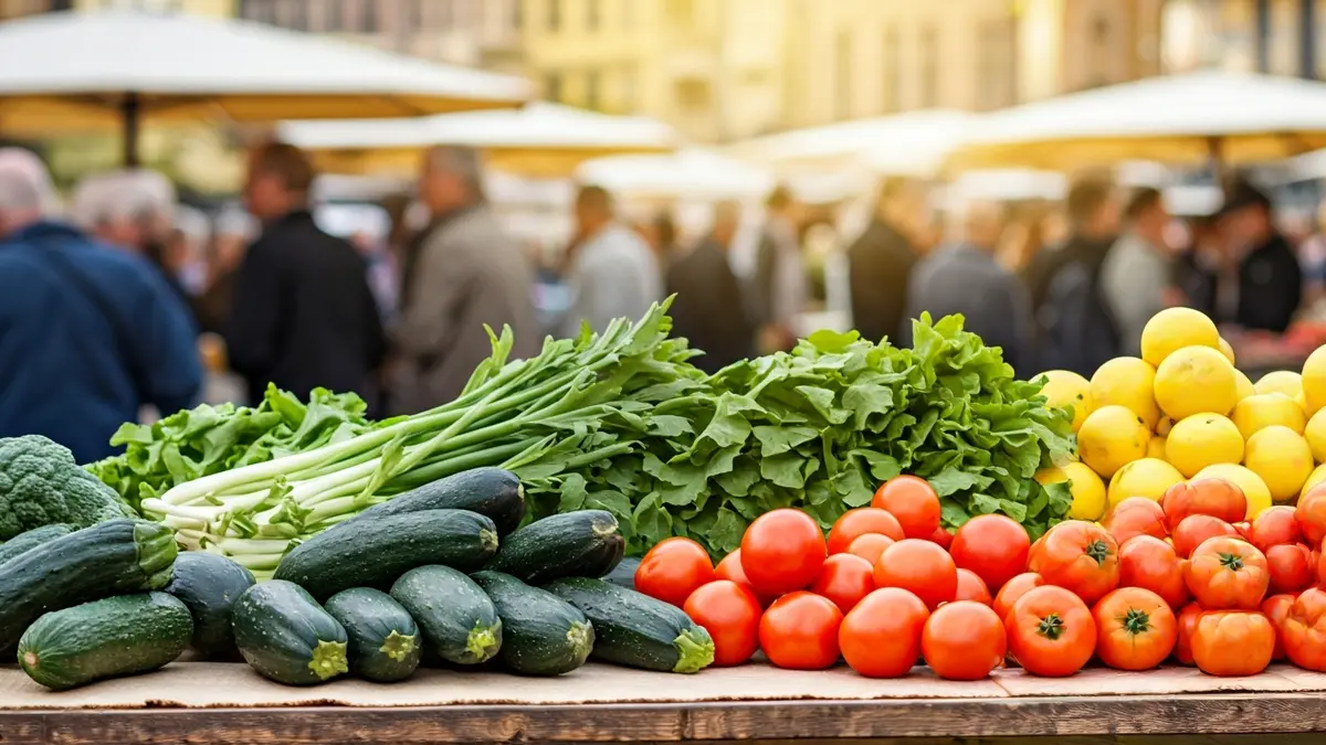 Generic image of a fresh fruit and vegetable stall in a traditional market.