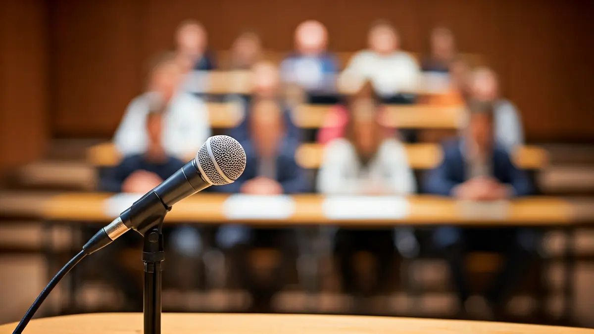 Generic image of a microphone on a podium in an academic setting.