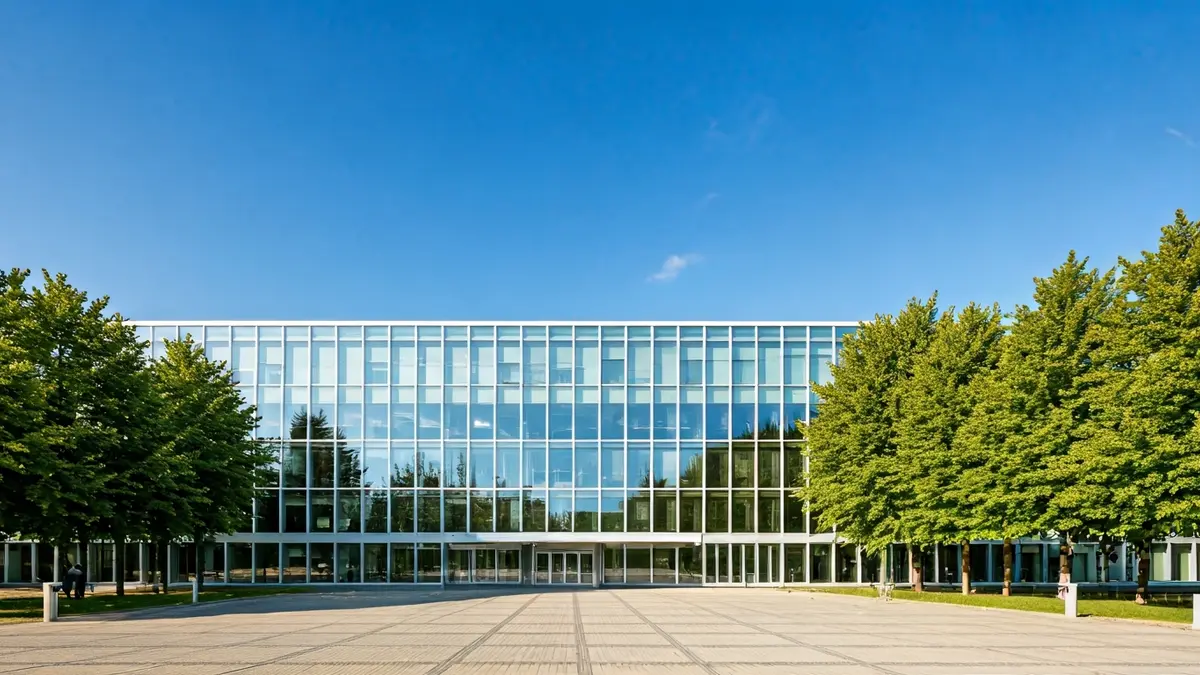Generic image of a modern university building, with large windows and surrounding trees, under a sunny day.