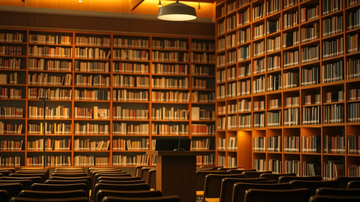 Imatge genèrica d'una biblioteca amb prestatgeries de fusta i un faristol, amb una atmosfera càlida de lectura.