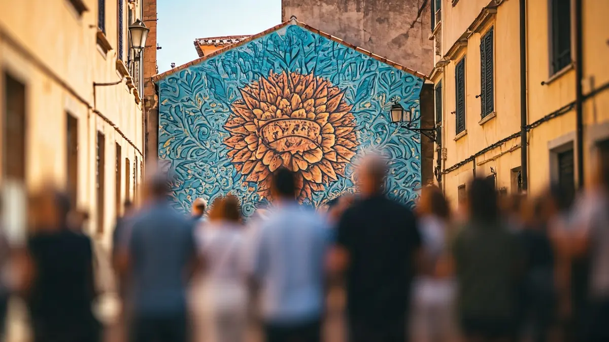 Image of a street art mural on a facade, with people observing it in a Mediterranean village.