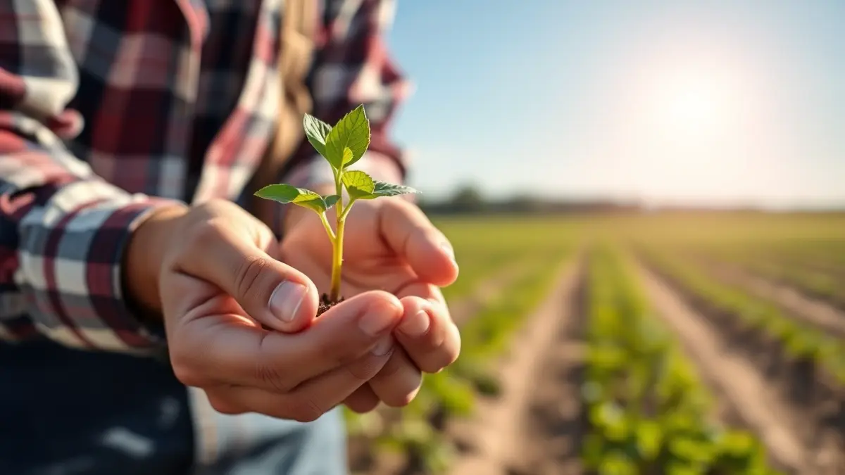 Imatge genèrica de mans d'un jove agricultor sostenint una planta, amb camps de cultiu al fons.