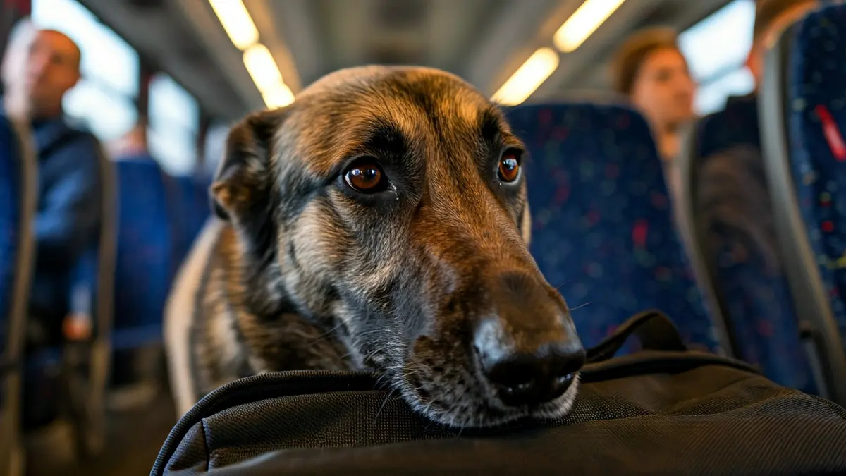 Imagen de un perro policía detectando drogas en una mochila dentro de un autobús.