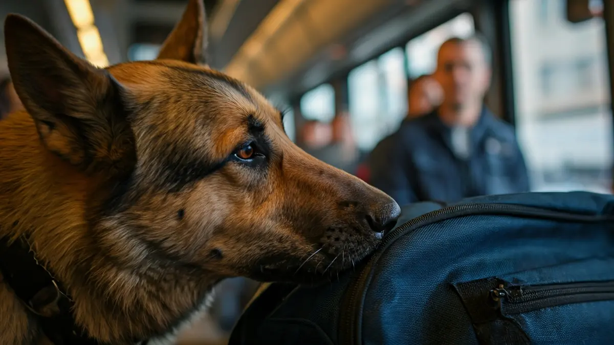 Imagen de un perro policía detectando drogas en una mochila dentro de un autobús.