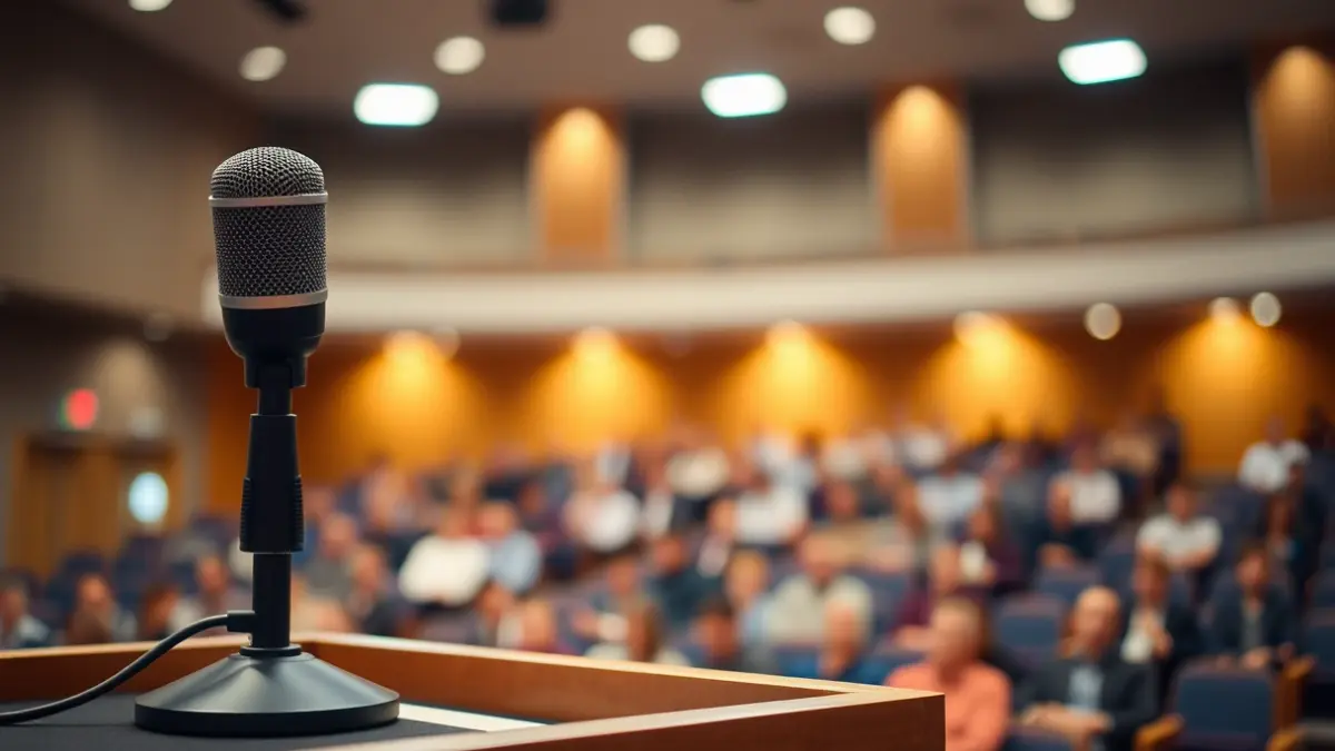 Imatge genèrica d'un micròfon en un faristol en una sala d'actes universitària.