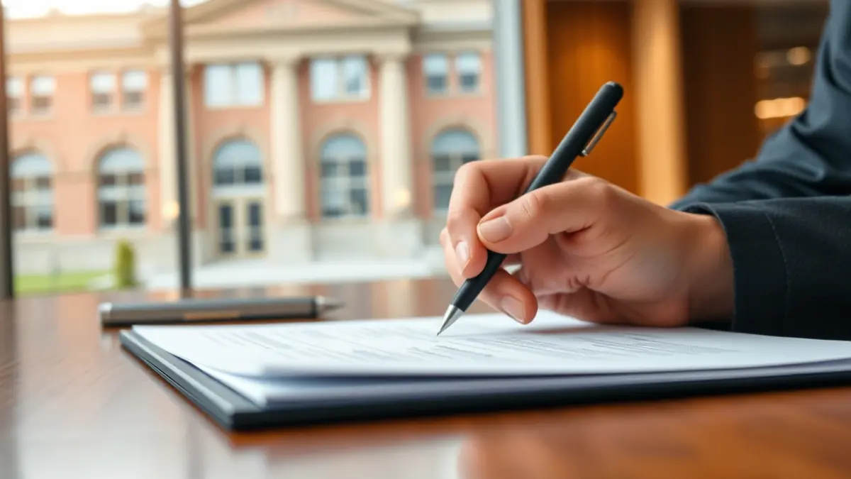 Imatge genèrica d'una mà signant un document en un entorn universitari.